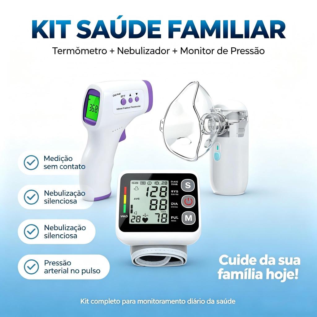 Kit Completo de Saúde: Nebulizador + Monitor de Pressão + Termômetro – tudo que sua família precisa num só pacote!