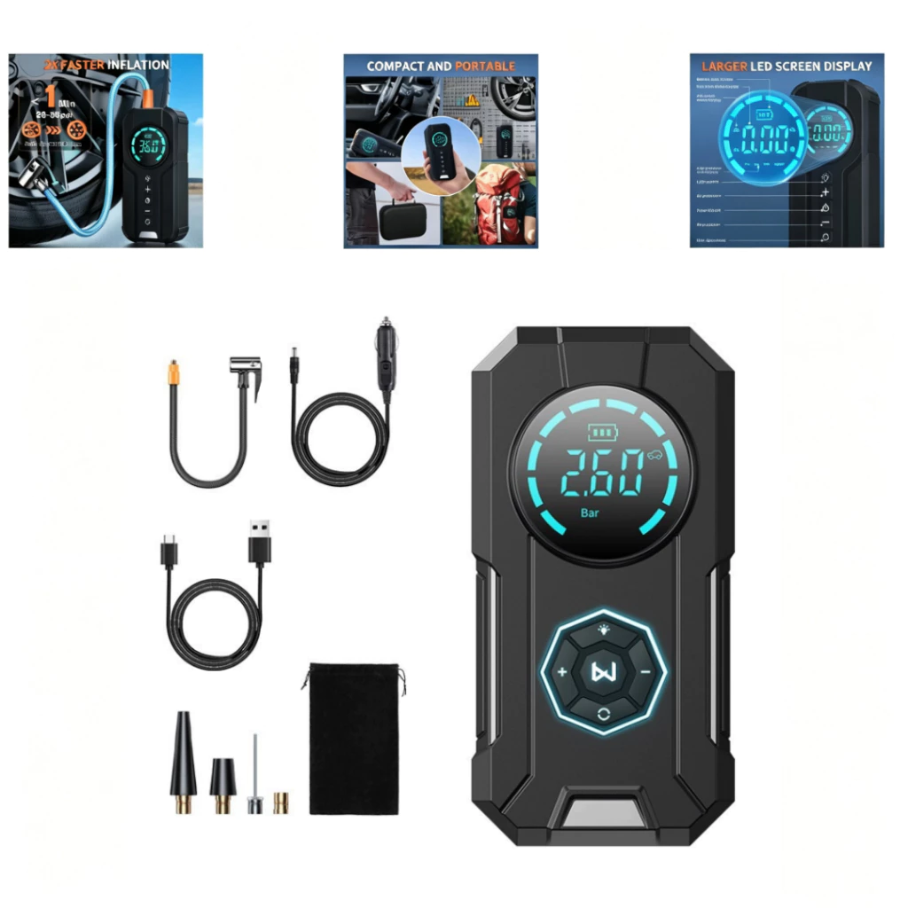 Bomba de Ar Portatil Compressor Inflator Multi-função 3 em 1