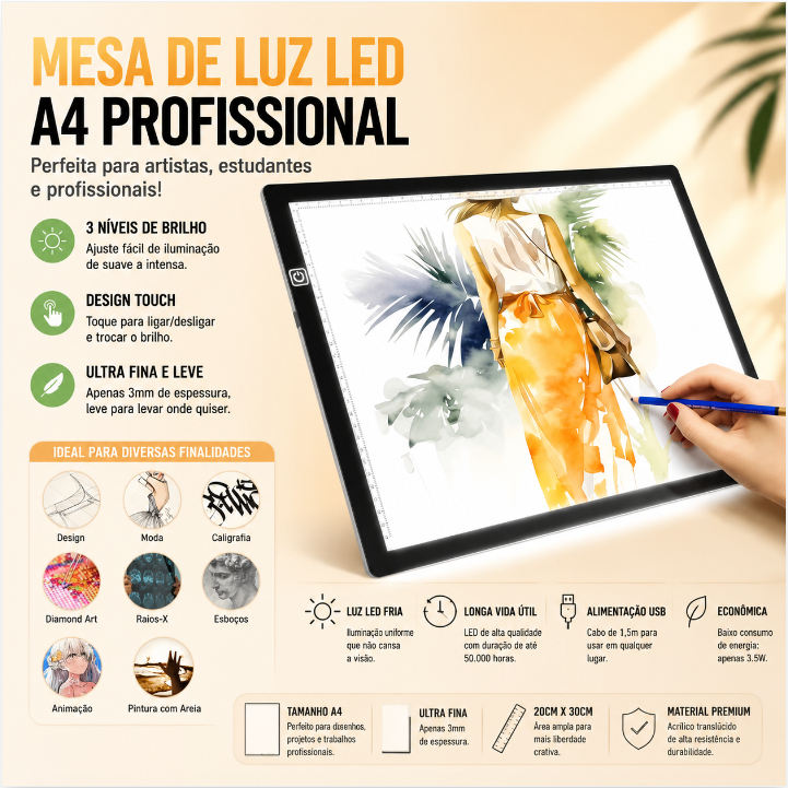 Mesa Led Luz Desenho Artistico Papel A4 Profissional Em Led 3 Tons