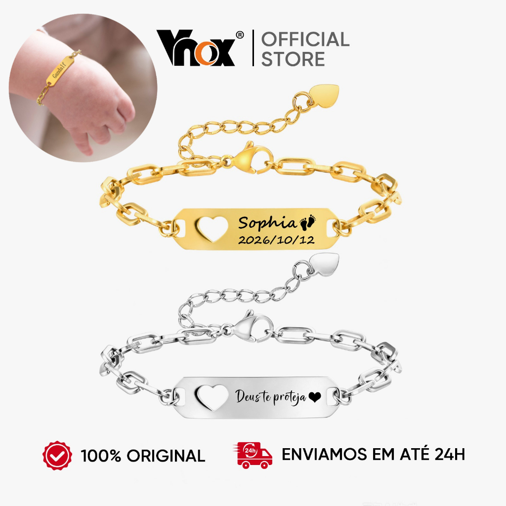 Vnox Nome Do Bebê Pulseira Aço Inoxidável , Para Criança Menino Menina Batismo Presente De Aniversário Dia da Criança