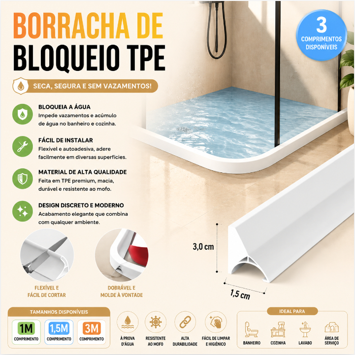Fita Barreira de Água para Banheiro TPE Fita Vedação Flexível Retenção 1m 1,5m 3m