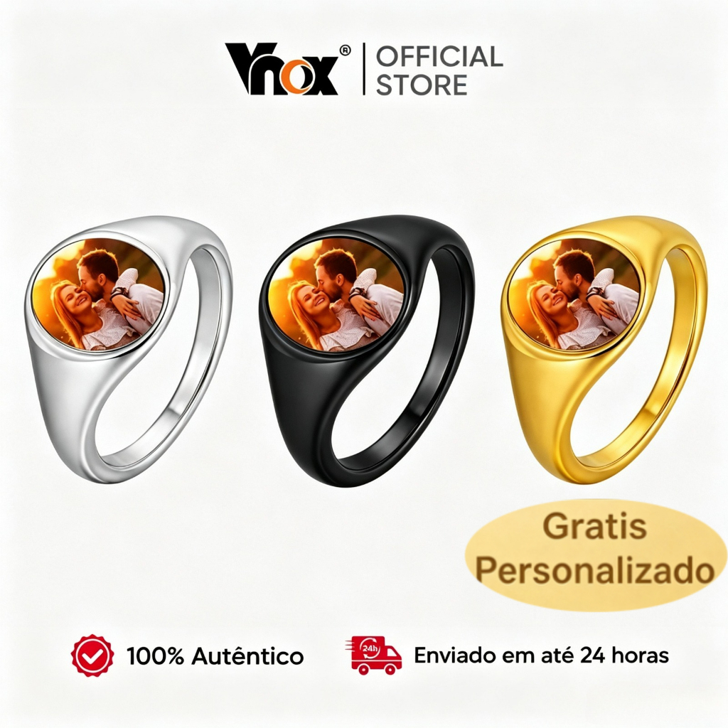 Anel De Sinete Fotográfico Personalizado Gratuito Vnox Ouro Prata Preto Imagem De Aço Inoxidável Pulseira Personalizada