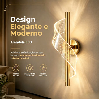 Arandela LED Espiral, 3 Cores de Luz Bivolt 110V‑220V Decoração Elegante para Quarto, Cabeceira, Sala e Corredor