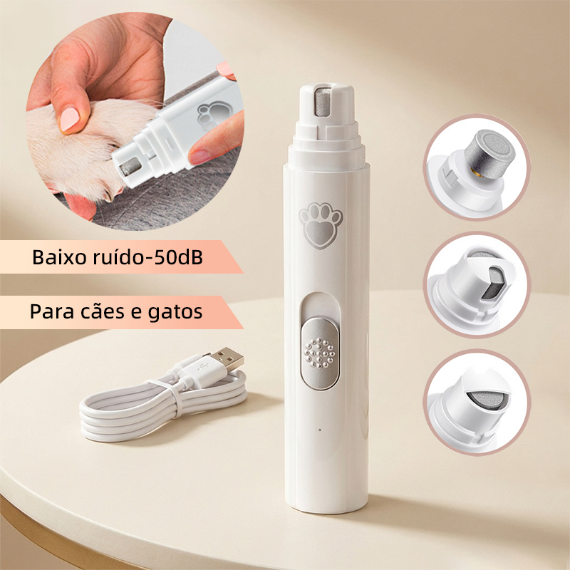 Lixador de Unhas Elétrico Silencioso para Pets Cães, Gatos e Coelhos, USB Recarregável com 3 Ponteiras e 2 Velocidades