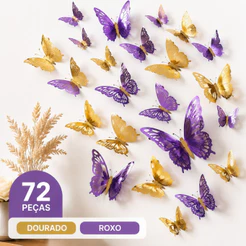 Kit 72 Borboletas Decorativas Artificial 3D para Decoração de Parede Festa Balão Bexiga Jardim