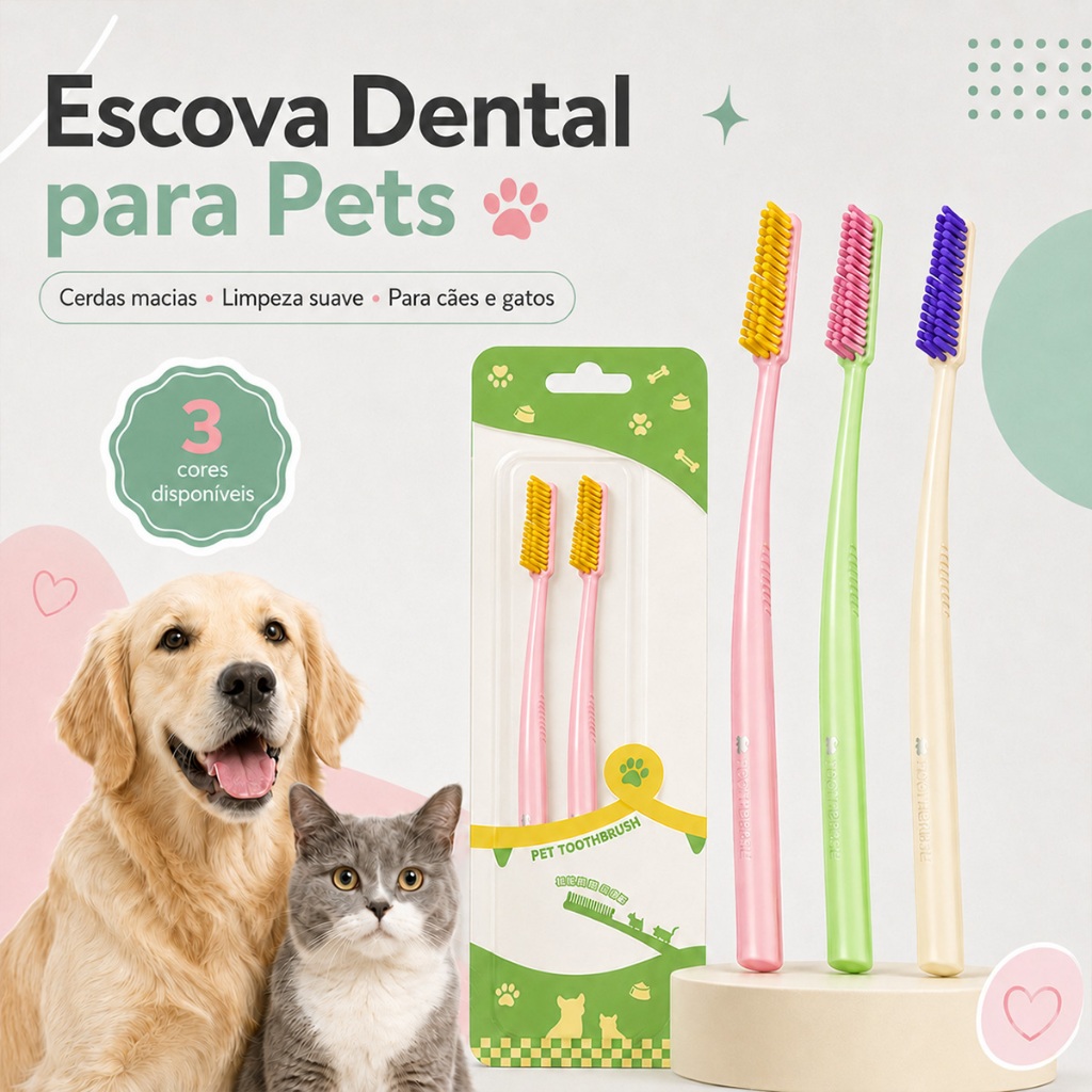 3 Escovas Dental Cães Gatos, Cores Diferentes Pets, Cerdas Macias Cabo Longo Raças Pequenas Grandes