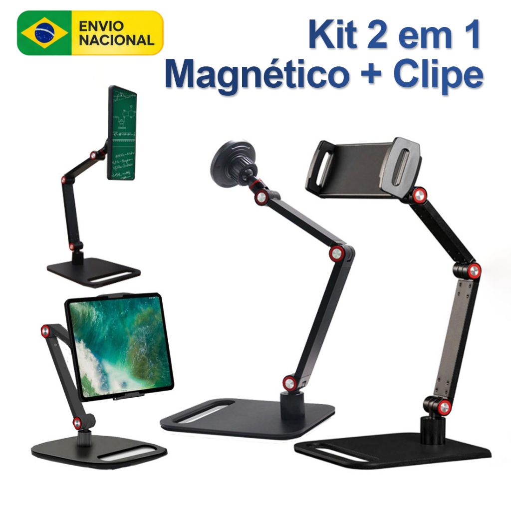 Suporte de Mesa 2 em 1 Magnético + Clipe para Celular, Tablet Giratório 360° Ajustável até 17,3'' Base Estável
