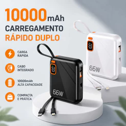 Carregamento Rápido Duplo Oferece Recarga Super Rápida Bateria Carregadora 10000mAh Compacta Com Cabo Integrado
