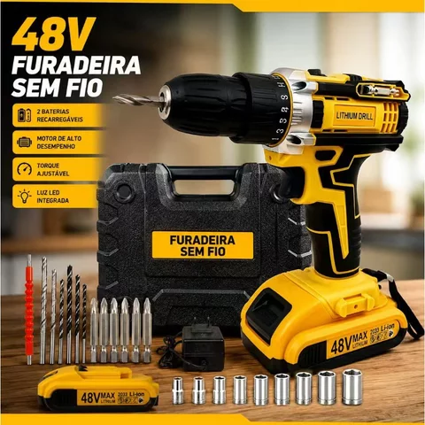 Parafusadeira Furadeira Sem Fio 48V - Bivolt, 2 OU 1Bateria, Maleta de Transporte para Uso Doméstico e Profissional