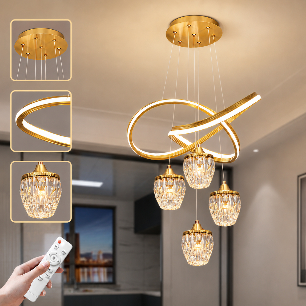 3 Cores Lustre LED Pendente Dourado Cristal 80W Controle Remoto Sala de Jantar Quarto