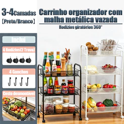 Carrinho Organizador Fruteira Multiuso Em Aço 3/4 Prateleiras Com Rodinhas
