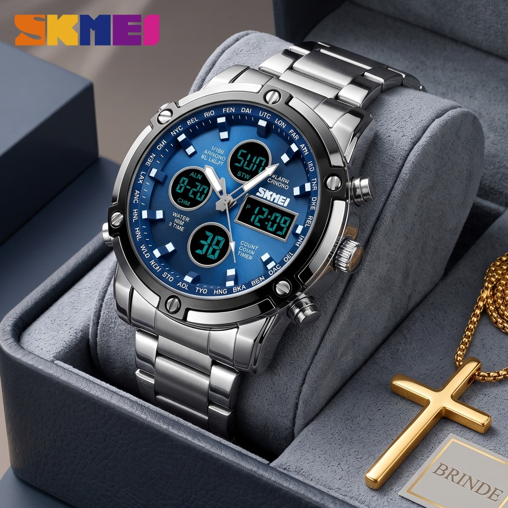 SKMEI Relógio Masculino Analógico Digital Esportivo Pulseira de Aço Inoxidável c