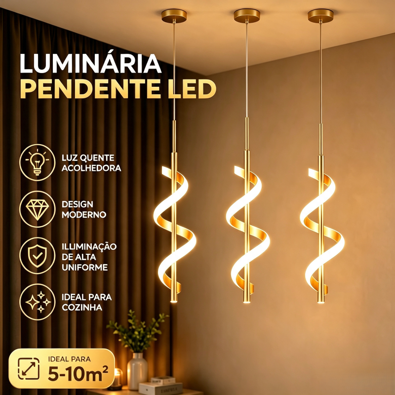 Lustre Pendente LED Minimalista Moderno, 3 Cores em 1 Luz, Decoração Dourada para Sala Quarto e Cozinha