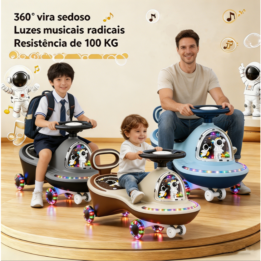 Carrinho rotativo 360 ° Carrinho de diversão LED Suporte 100 kg Presente para crianças
