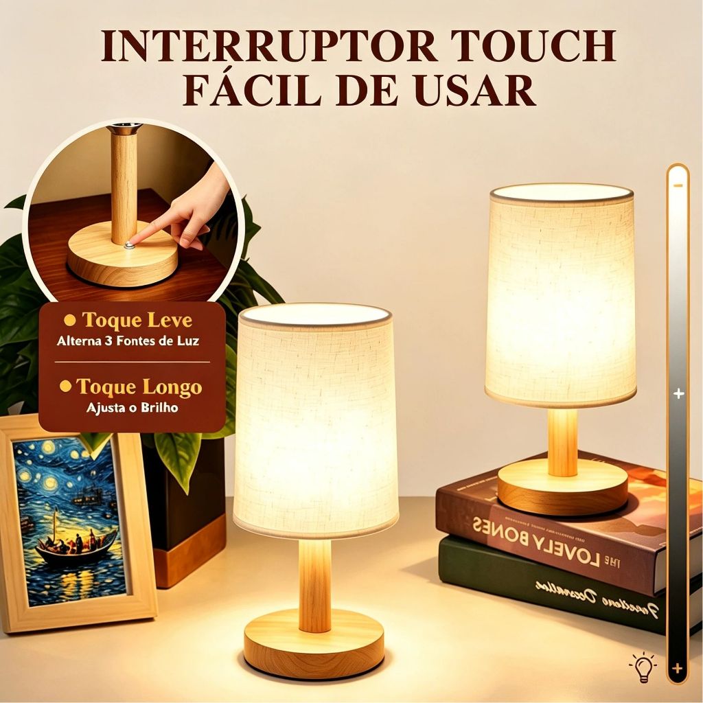 Luminária de Mesa 3 Tons Abajur Candeeiro Cabeceira LED Touch Recarregável Decoração Sala Quarto