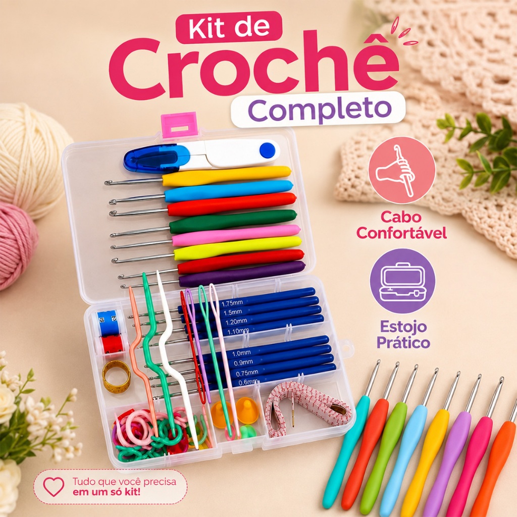 KIT CROCHÊ COMPLETO FERRAMENTAS AGULHAS, TESOURA - 53 PÇS