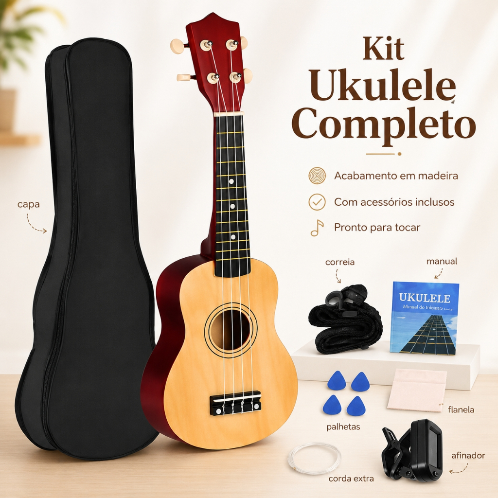 Ukulele Com Estojo Com Capa + Afinador e 4 Palhetas