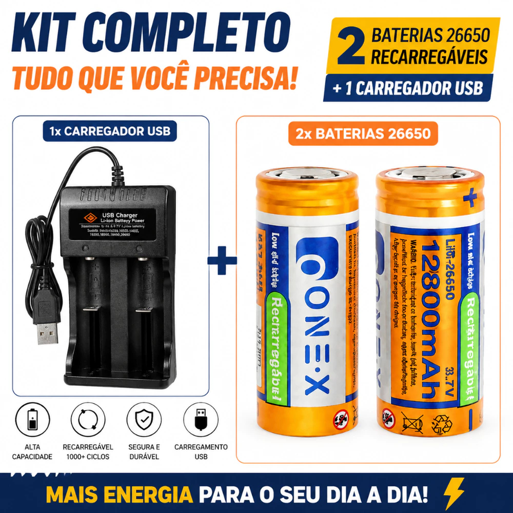 Kit Carregador USB + Baterias 26650 Recarregáveis 3.7V para Lanterna, Camping e Rádio