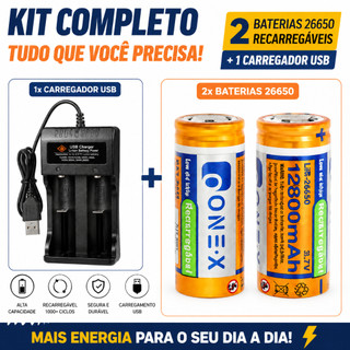 Kit Carregador USB + Baterias 26650 Recarregáveis 3.7V para Lanterna, Camping e Rádio