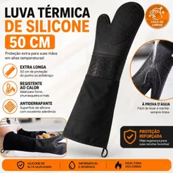 Luva Térmica 50cm Industrial Alta Temperatura Silicone Algodão para Forno Fogão Churrasco Cozinha Profissional