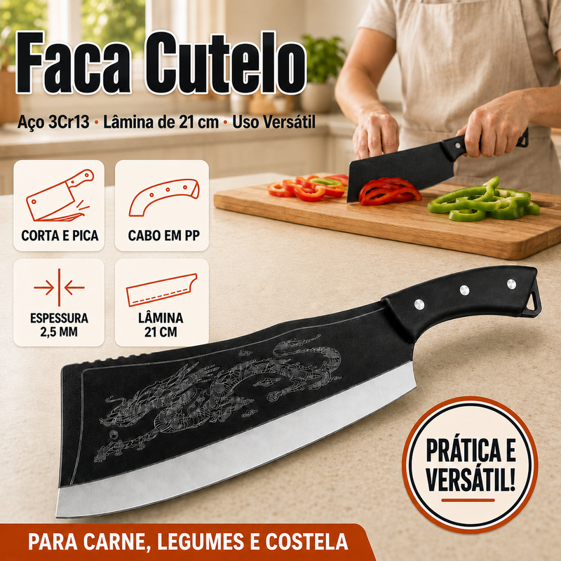 Faca Cutelo Preta com Bainha, Estampa de Dragão, Aço 3Cr13 para Carne, Legumes e Costel