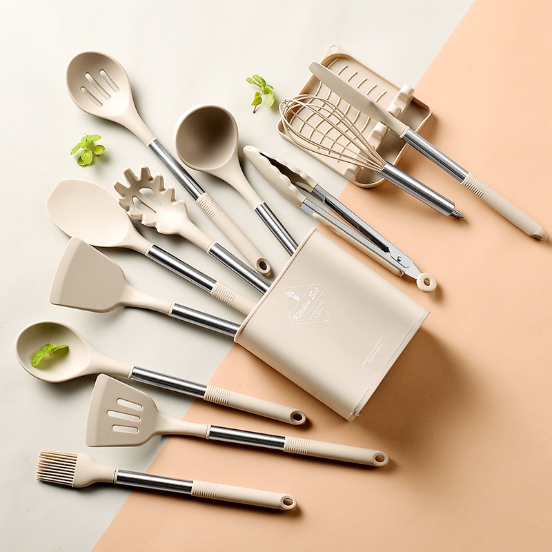 [Novo] Utensílios De Cozinha De Silicone Antiaderente Colher Espátula Conjunto De 13 Peças , Cabo De Aço Inoxidável Resi