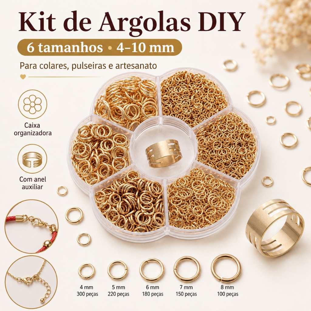 Argola Elo Metal P/ Bijuterias Prata/Dourado 4mm-10mm 1000Pcs
