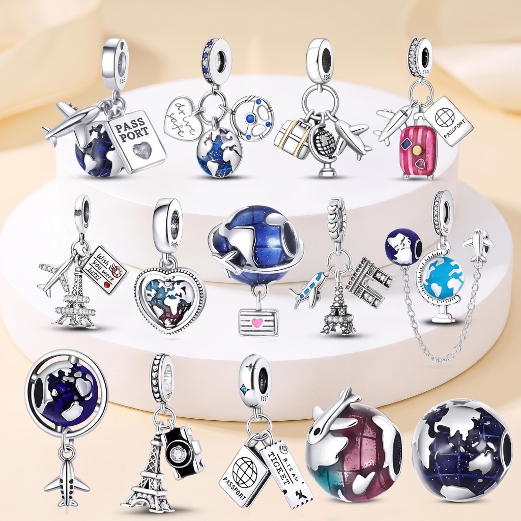 100% S925 prata Original pingente jóias globo avião bagagem pingente adequado para pulseira DIY jóias fazendo presente