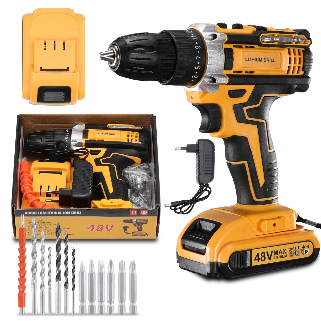 Parafusadeira Furadeira profissional 48V voltagem dupla conjunto com bateria e acessórios, ideal para uso industrial