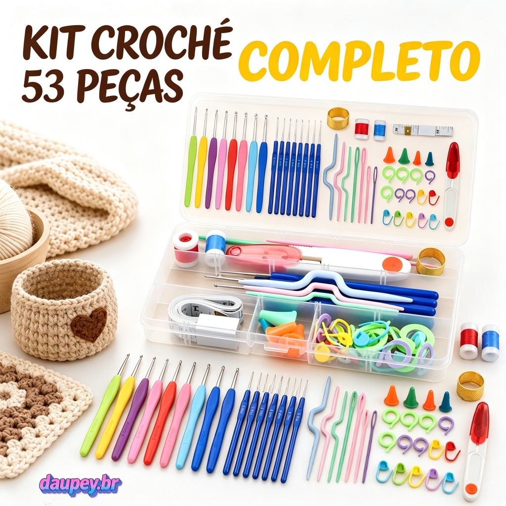 KIT CROCHÊ COMPLETO FERRAMENTAS AGULHAS, TESOURA - 53 PÇS