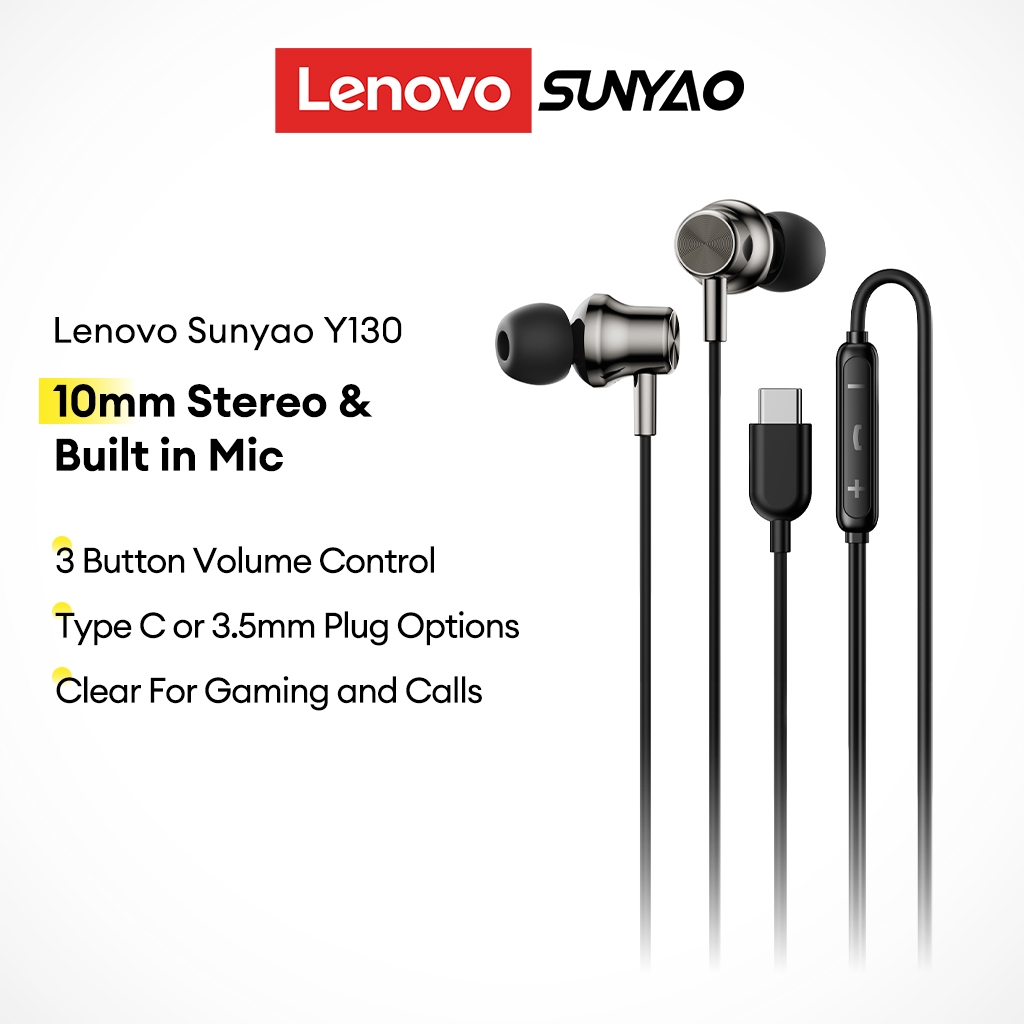 Fones De Ouvido Com Fio Lenovo SUNYAO Y130 Microfone Estéreo De 10 Mm Controle De Volume De 3 Botões Type C Ou Plugue De