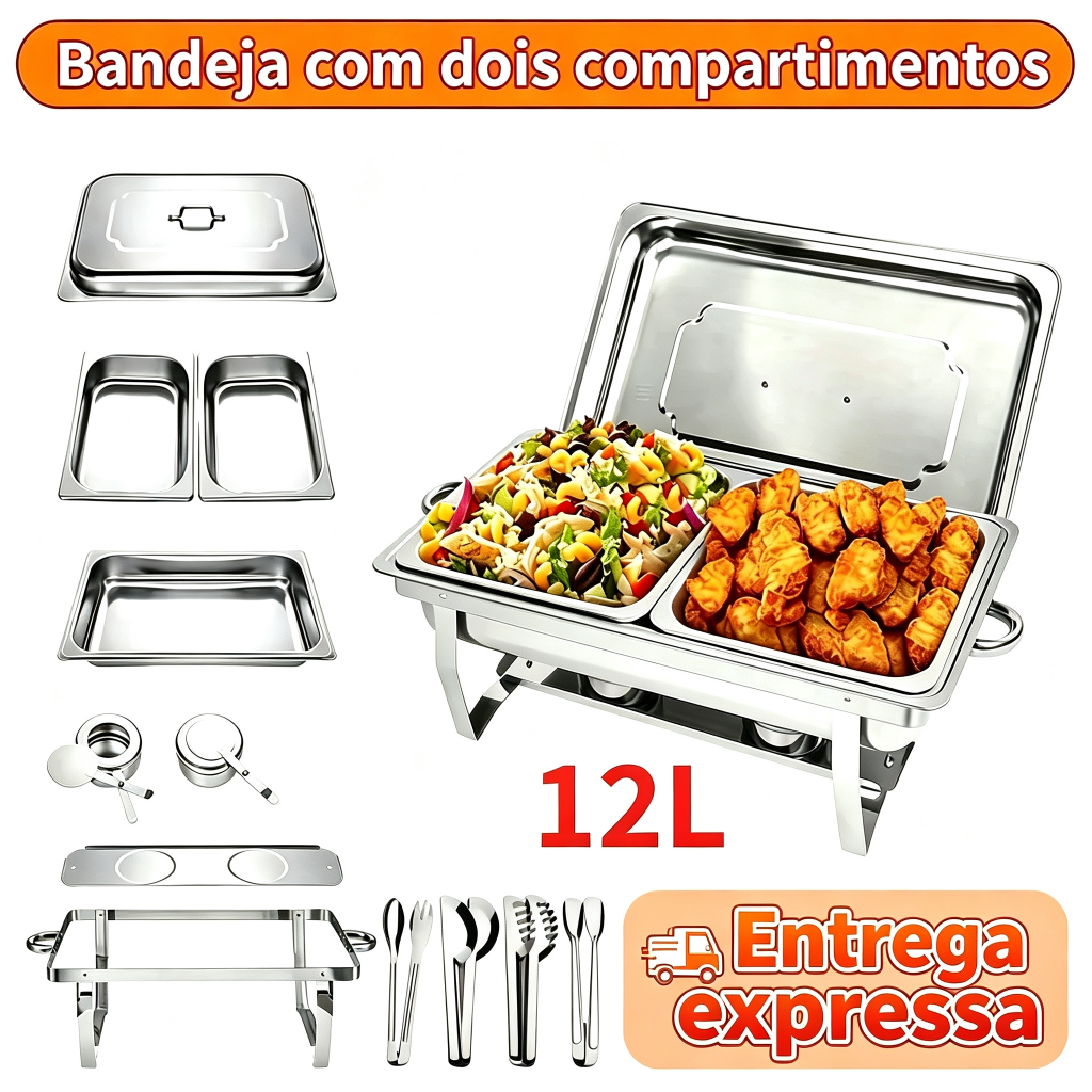Rechaud Profissional Inox 12L com 1, 2 ou 3 Divisórias para Buffet Festas Eventos，maje