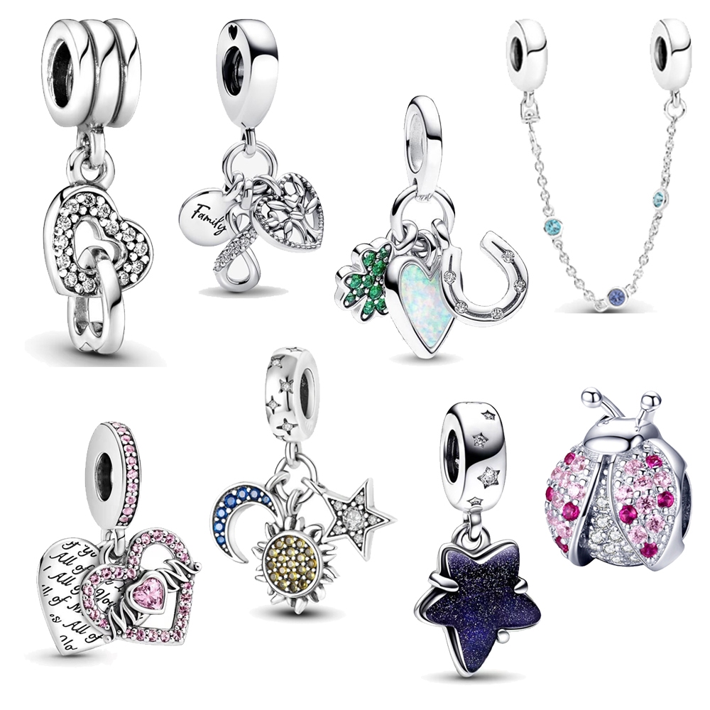 Berloque Prata 925 Encantos Rosa Diamante Contas Coração Casal Pulseira Acessórios