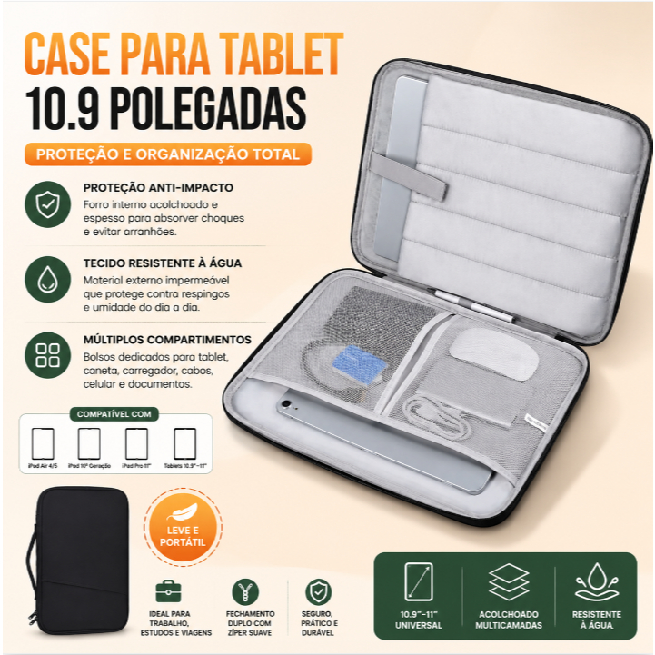 Capa Case Bolsa Pasta Para Tablet 10.9 Polegadas Impermeavel Acolchoada Protetora iPad