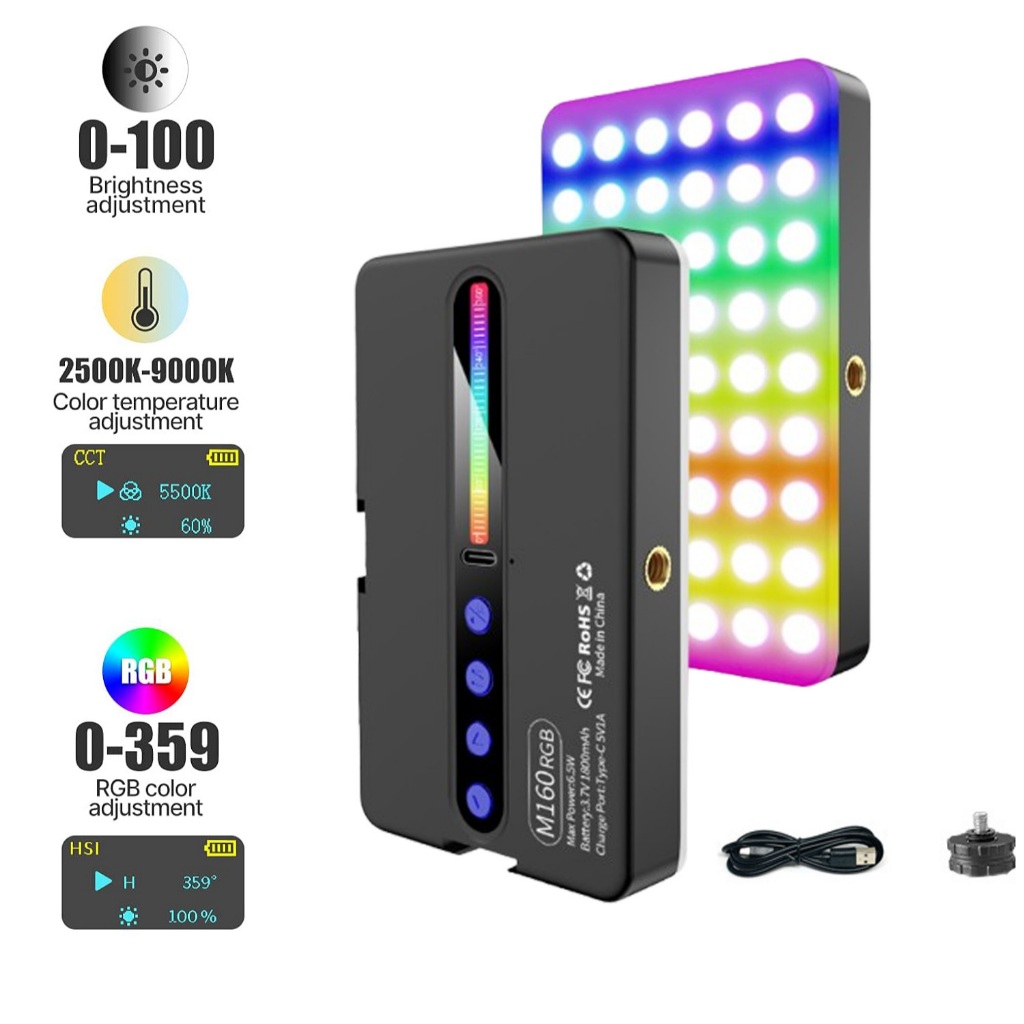 Iluminador LED RGB Portátil Recarregável Luz de Preenchimento 2700K‑6500K para Fotografia e Gravação de Vídeo