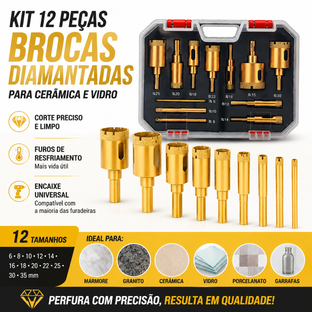 Kit 12 Brocas Serra Copo Diamantada 6-35mm Vidro Ceramica
