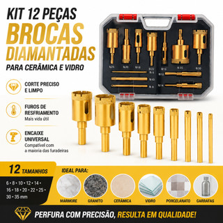 Kit 12 Brocas Serra Copo Diamantada 6-35mm Vidro Ceramica