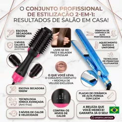 Kit Chapinha Prancha Alisadora Bivolt + Escova Secadora Modeladora, Íons Negativos, Alisa e Faz Cachos Cabelo