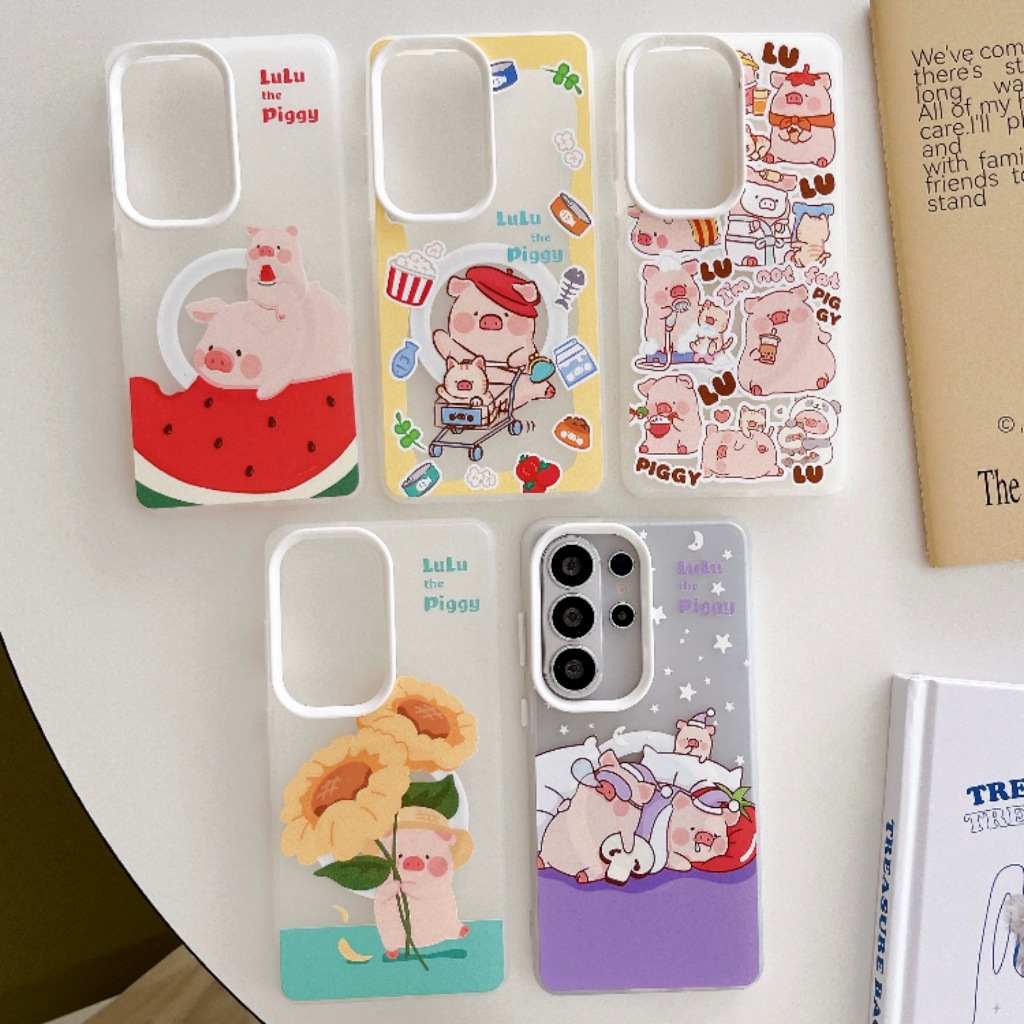 Magnético Sem Fio Para Samsung S26 S25 S24 S23 Ultra Plus Engraçado Porco Flores Adesivo A57 A37 A17 A07 A56 A55 Caso À 