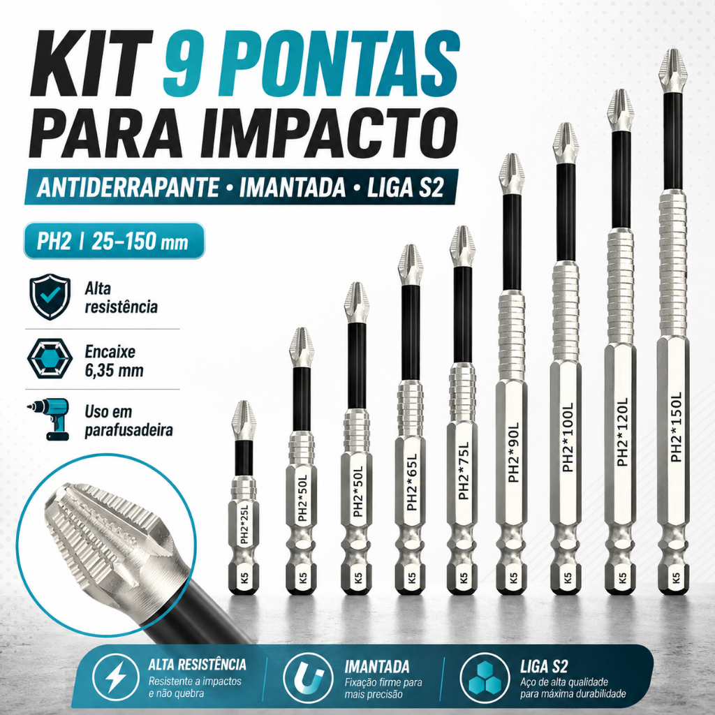 kit 9 bits ph2 philips magnéticos antiderrapantes, resistentes a impacto, liga s2 para parafusadeira de impacto