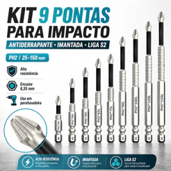 kit 9/6 bits ph2 philips magnéticos antiderrapantes, resistentes a impacto, liga s2 para parafusadeira de impacto
