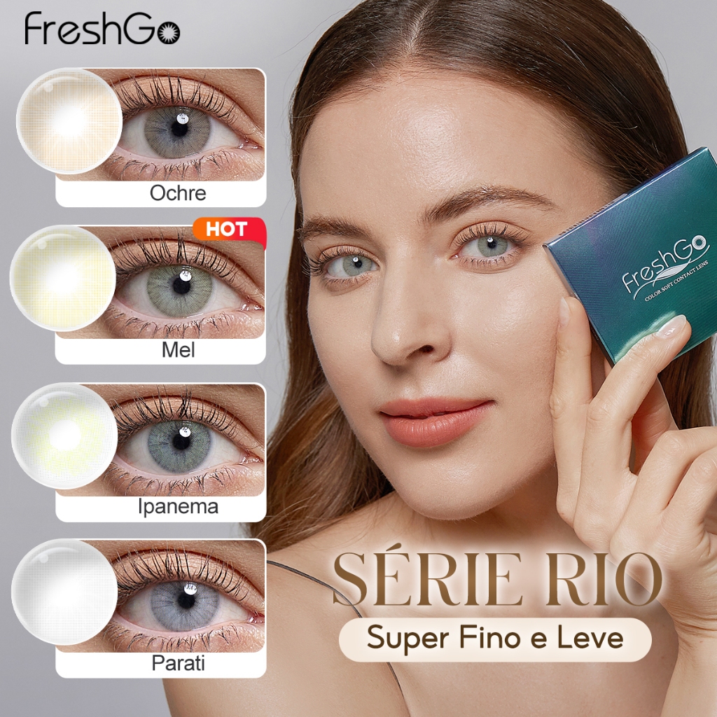 [DIA:14.2mm] FreshGo Lentes De Contato Sem Grau Coloridas Anual Natural Mel Ochre Azul Verde 1Par=2 Peças+Estojo