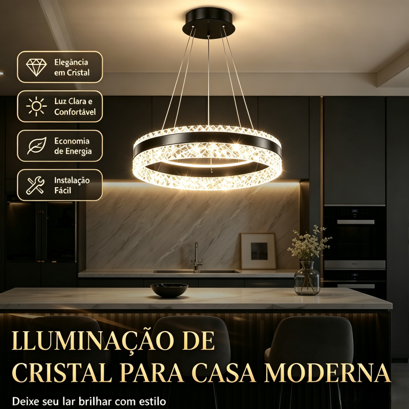 Lustre Pendente LED Circular com Cristais, 3 Cores Luz Bivolt 110V‑220V Decoração Moderna para Sala Jantar e Sala Estar