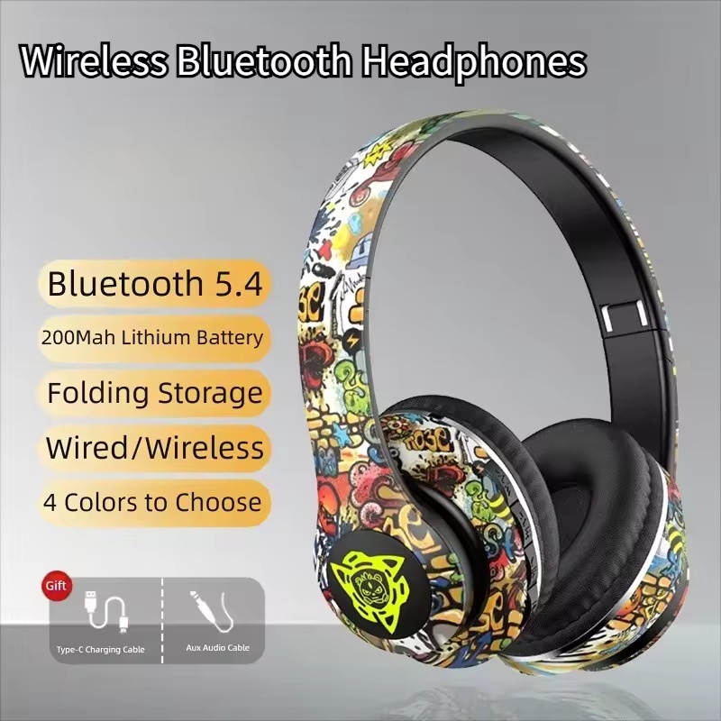 Graffiti Dobrável Sem Fio Bluetooth Fones De Ouvido Com Cancelamento Ruído Super Bass Gamer Microfone HD Suporte Cartão 