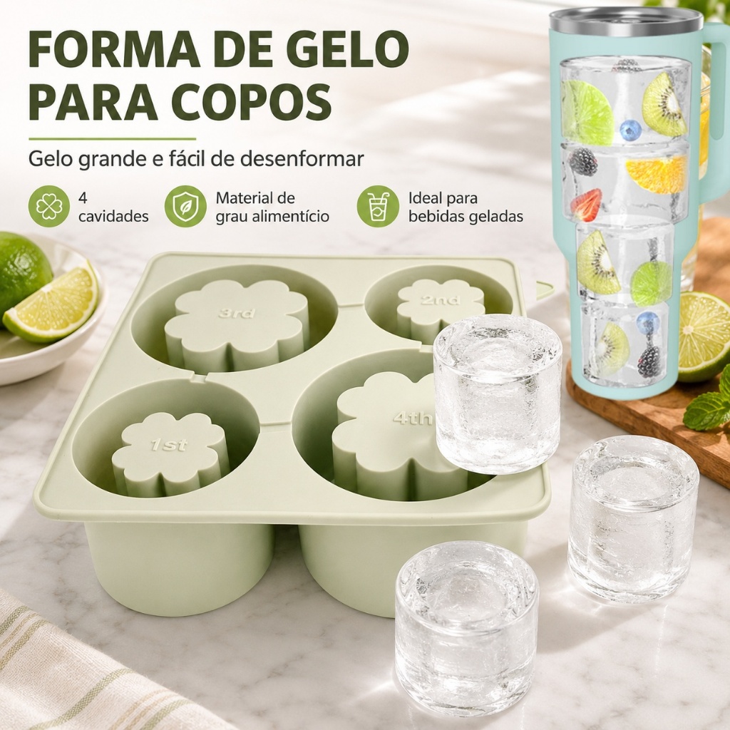 Forma De Gelo Silicone Cubo Grande 4 Cubos Drink Top Flexível E Resistente com Desenforme Fácil