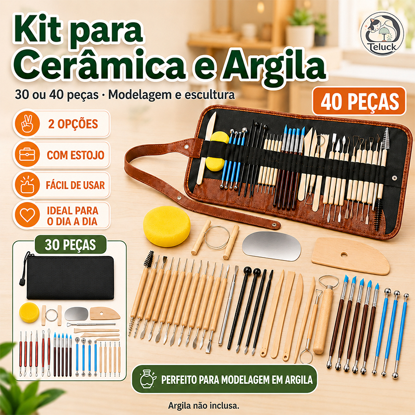 Kit 30/40 Peças Ferramentas para Cerâmica e Argila Modelagem Escultura com Estojo