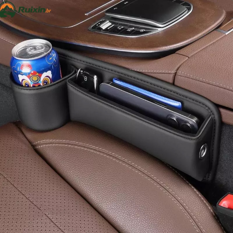 Organizador de Couro para Assento de Carro Console Multifuncional com Suporte Copo