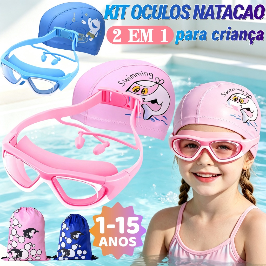 Kit Oculos De Natação + Touca De Silicone Juvenil - Proteção UV Antiembaçante Piscina para Infantil