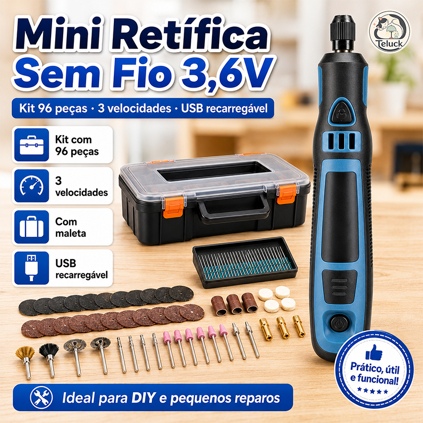 Mini Retífica Sem Fio 3,6V Kit 96 Peças com Maleta USB Recarregável 3 Velocidades