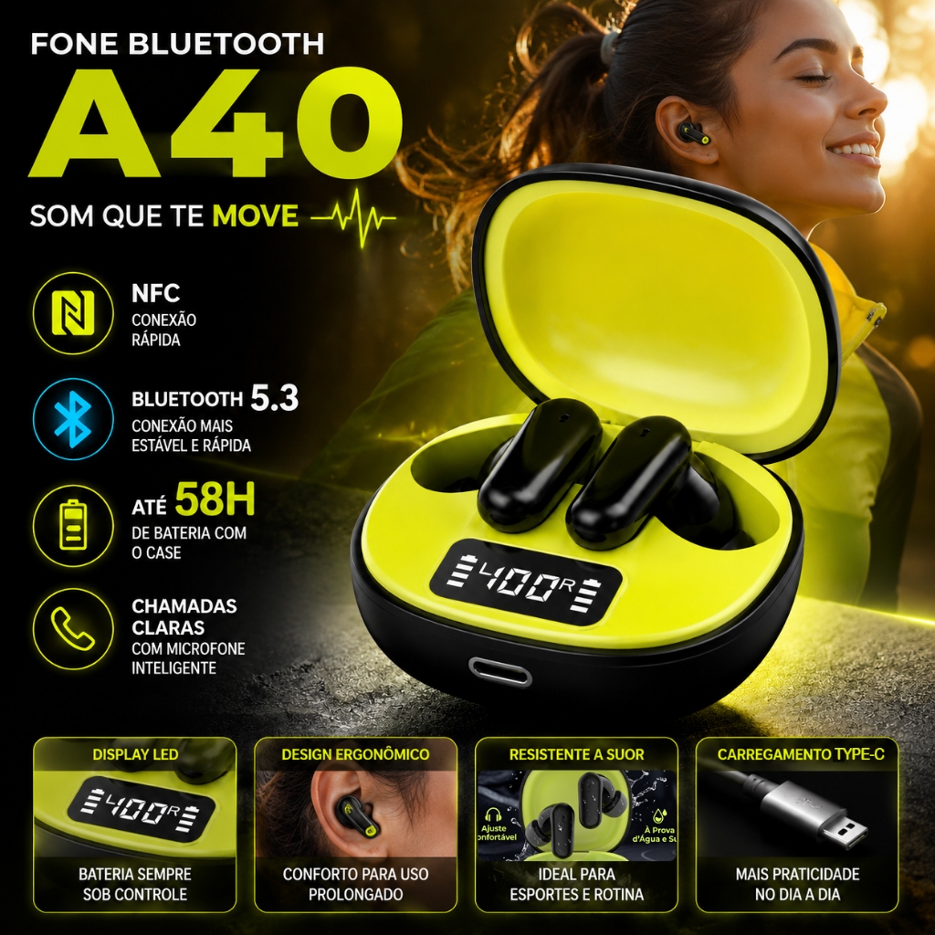 Fone de Ouvido Sem Fio A40 Bluetooth 5.3 Com Display LED Bateria 58H NFC e Microfone